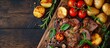 A wooden cutting board adorned with natural foods like meat, potatoes, and tomatoes; a perfect recipe for a delicious meal!