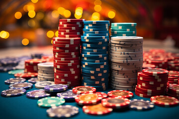 Close-up of vibrant casino chips stacked on a gambling table, colorful chip stacks background and gambler's hands. poker texas hold 'em strategy hand investment investment pot