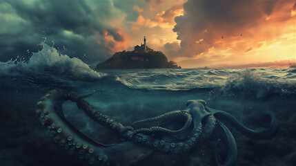 Wall Mural - lighthouse in the sea and the giant octopus under water