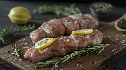 Wall Mural - Fresh pork tenderloin is plated on a cutting board, decorated with rosemary and lemon, and sprinkled with whole pepper and thick salt. generative AI