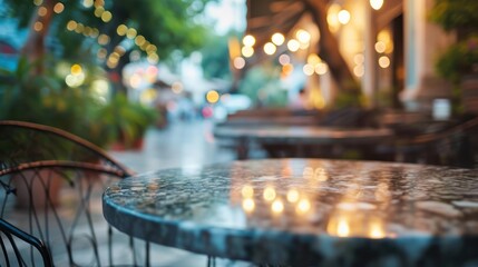 empty table marble blur background of street cafe with bokeh light, Advertisement, Print media, Illustration, Banner, for website, copy space, for word, template, presentation.