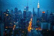 Rainy season. Rain falls on the window glass. Admire the city skyline on a dark day Landscape background with rain/rain