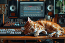 A cat sleeps in a home studio.