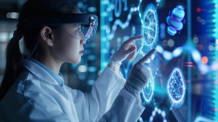 Wall Mural - Biotech, A woman in a lab coat interacts with holographic DNA structures using a AR headset, ideal for technology and science themes.