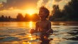 A child relaxing in the water with a happy expression against sunset sky