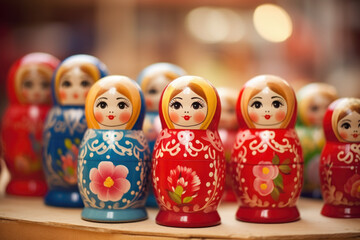 Wall Mural - Brightly painted population of wooden Matryoshka or Babuska stacking dolls. Varying sizes. Females faces with red lipstick and rosy cheeks. Girls in traditional floral dresses and scarfs