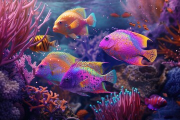 Wall Mural - Coral Kingdom: Within the depths of the aquarium, tropical fish dance among the coral, creating a picturesque scene reminiscent of an underwater paradise.