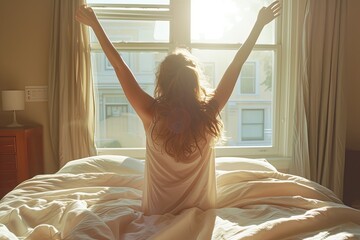 Poster - Radiant Morning: A happy young woman begins her day with a joyful stretch, basking in the golden sunlight that fills her room, promising the beauty of a new beginning.