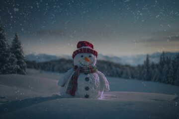 Poster - Snowman With Red Hat and Scarf Standing in Snow at night