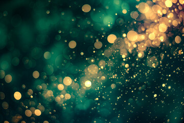 Abstract blur bokeh banner background. Gold bokeh on defocused emerald green background