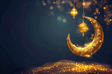 Wall Mural - Raadan Kareem. Gold moon, crescent and abstract luxury islamic ornaments on a dark background. Illustration