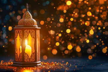 Wall Mural - Ornamental Arabic lantern with burning candle glowing on a bokeh dark background