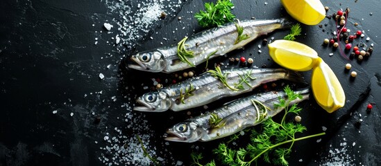 Wall Mural - Three sardines adorned with lemon slices and parsley are presented on a stylish black table, creating an artistic and culinary composition.