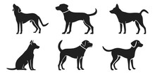Dogs Vector Illustration Set. Labrador Puppy In Style Of Hand Drawn Black Doodle On White Background. Farm Animals, Domestic Pet Silhouette Sketch