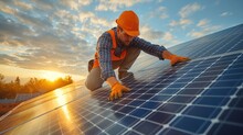 Construction Worker Working On Roof With Solar Panels, Sunlights