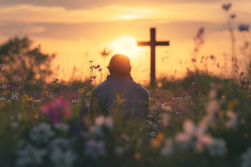 back view of man sitting on the flowers meadow and looking on cross. Easter tranquil scene