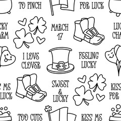 Wall Mural - St Patricks day doodle style seamless pattern in black and white, hand-drawn icons background, cute Irish holiday symbols and elements collection.