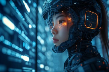 Female cyborg with detailed helmet reflects advanced AI and data visualization. Futuristic woman in cybernetic gear, symbolizing intersection of humanity and AI