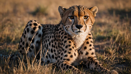 Wall Mural - A close-up of a cheetah resting on the ground with its front paws extended, gazing at the camera.