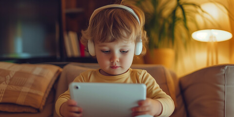 Sticker - Little kid around 2 or 3 years old using tablet with headphones spend his screentime with game on cartoon watching