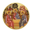 Orthodox traditional image of Holy Trinity. Golden christian medallion in Byzantine style on white background