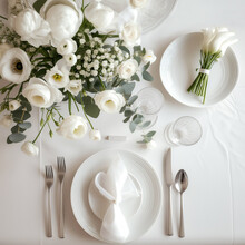 Beautiful Light Beige And White Colors Morning Table Decoration Tablecloth And Napkins, Big White Roses Blossom Bouquet, Silver Tableware And Natural Porcelain Plates. Incredible Pastel Tones Image.