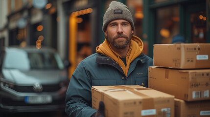 Man with beard and jacket carrying cardboard boxes on urban street