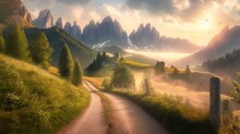 
Empty Country Road On Venegia Valley, High Altitude Dolomite Valley Natural Park With Jagged Peaks, Rolling Meadows, Pastures And Streams.