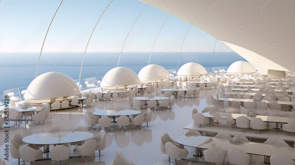 Futuristic dining space with panoramic ocean views. White minimalist ...