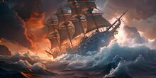 Pirate Ship In A Ferocious Sea Battle 4K Video
