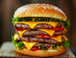 Huge exaggerated hamburger, fast food madness, tasty but unhealthy