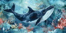 Watercolor Illustration Of A Humpback Whale Swimming Among Vibrant Coral Reefs. 