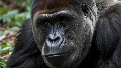 Wall Mural - A close-up of a gorilla resting on the ground with its front paws positioned, looking directly at the camera.