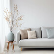 Modern Scandinavian interior with sofa and trendy vase. Home staging concept. AI generative.