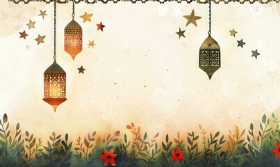 Wall Mural - Eid al Fitr Mubarak greeting card background. ramadan kareem social media. greeting card with lantern and border