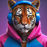 Fototapeta Londyn - surreal art of A face of tiger with with pink hoodie and headphone listen to music on blue background. artist canvas art collection for decoration and interior