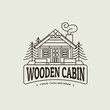 © Saera - Wooden House, Cabin Cottage with Pine Evergreen Line Art Logo Design