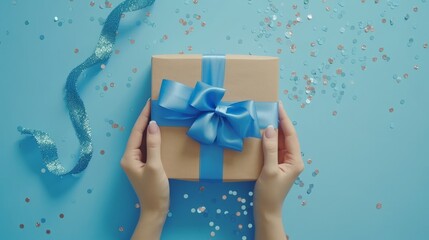 First person top view photo of hands unpacking craft paper gift box with blue satin ribbon bow over shiny sequins on isolated pastel blue background