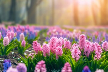 Wall Mural - Spring glade in forest with flowering pink and purple hyacinths in sunny day in nature. Colorful natural spring landscape with with flowers, soft selective focus. generative ai.