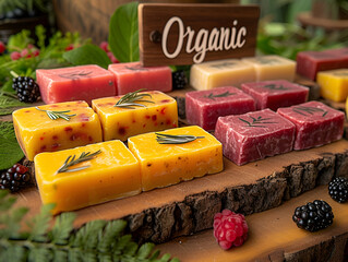 Handmade soap selection with 'Organic' sign amidst a natural setting.