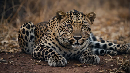 Wall Mural - A close-up of a leopard reclining on the ground with front paws positioned, locking eyes with the camera.