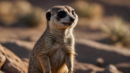 Wall Mural - A close-up of a meerkat standing on its hind legs with its tiny front paws on the earth, peering at the camera.