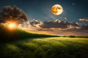 Poster - field of grass against a nice sunset scene and big moon