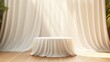 Empty modern round wooden podium side table in soft white blowing drapery curtain drapes in sunlight for luxury cosmetic, skincare, beauty treatment, fashion product display background
