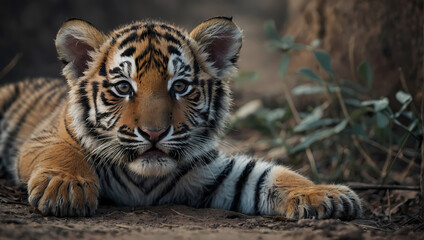 Wall Mural - A close-up of a tiger cub lying on the ground, front legs crossed, and intently observing the camera.