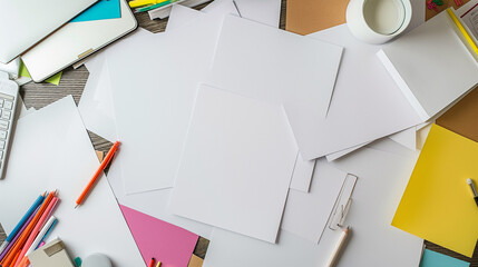 Creative Chaos on a Designer's Desk: A Vibrant Array of Blank Papers, Colorful Pencils, and Inspiration Waiting to Unfold.