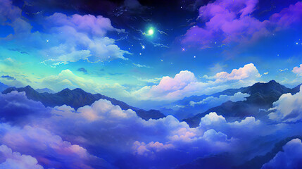 Wall Mural - Illustration of clouds in the sky with moonlight and stars 