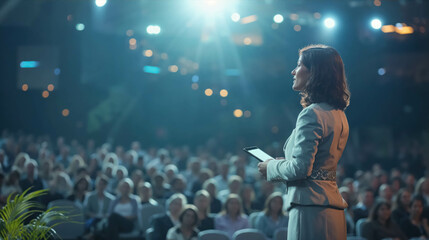 Focused Businesswoman Presenting at Corporate Event. Professional Woman Leading A Conference To A Seated Audience