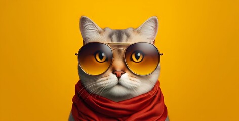  Cat with sunglasses on yellow background. Animal surrealism humanization concept