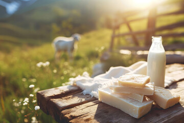 Organic handmade goat milk soap bars and a glass bottle of fresh milk on rustic wooden table top, blurred field background with copy space for text